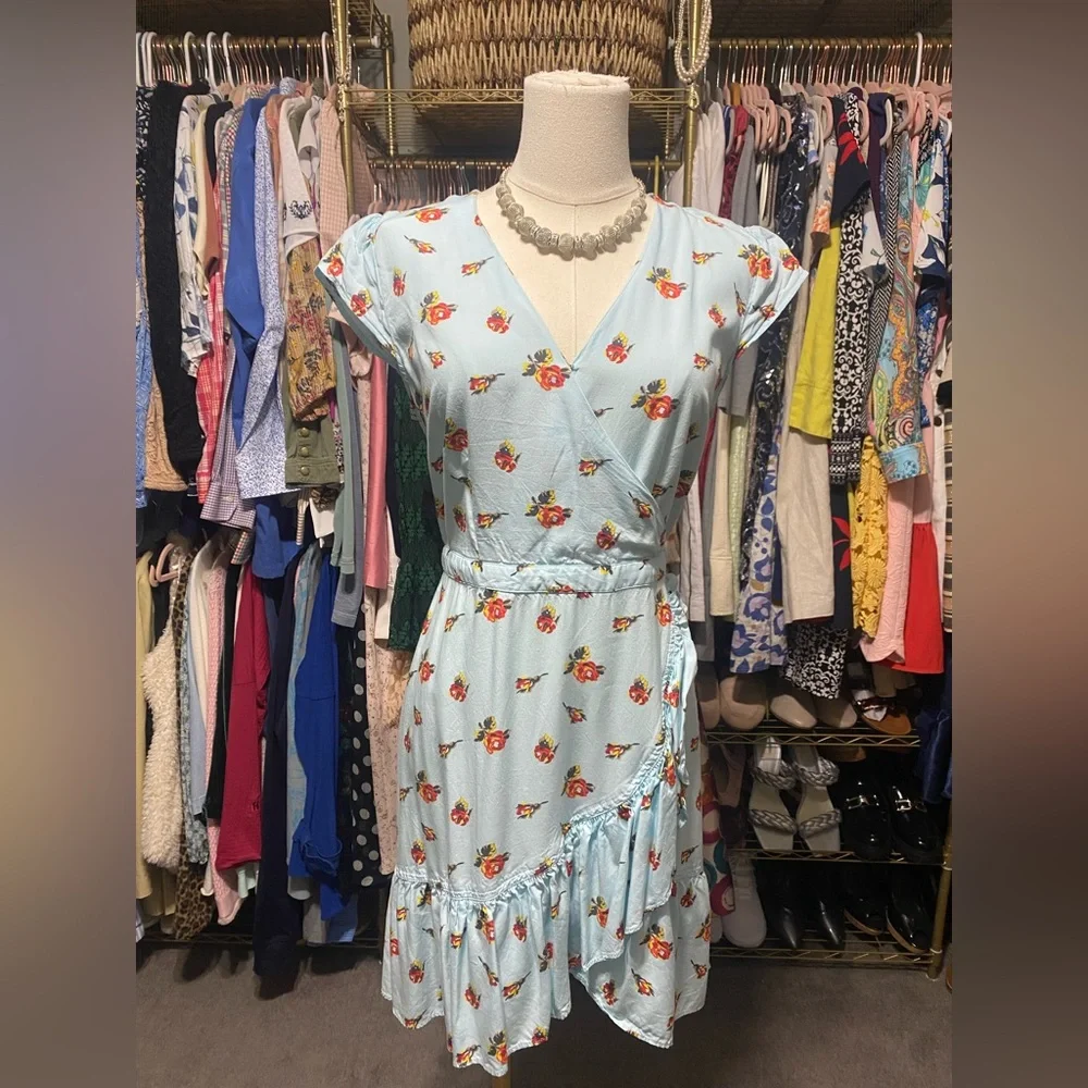J.Crew Mercantile Floral Faux Wrap Mini Dress Light Blue Ruffled Size 4
